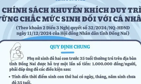 Phụ nữ sinh đủ 2 con trước 35 tuổi ở Đồng Nai được hỗ trợ 1 triệu đồng