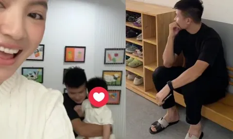 Quang Hải - Chu Thanh Huyền thấp thỏm ngoài cửa lớp ngày đầu bé Lido đi học