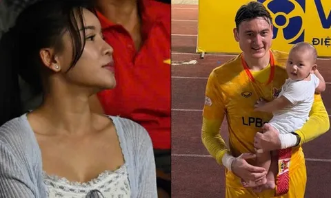 Yến Xuân xinh hết nấc cùng con trai cổ vũ Văn Lâm trong ngày Hà Nội FC thua sốc Ninh Bình