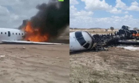 Máy bay chở một bộ trưởng cùng khoảng 20 người khác trượt khỏi đường băng, gần như cháy thành tro