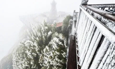 Nhiệt độ giảm xuống -3°C rạng sáng, băng giá phủ trắng đỉnh Fansipan