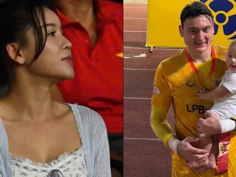 Yến Xuân xinh hết nấc cùng con trai cổ vũ Văn Lâm trong ngày Hà Nội FC thua sốc Ninh Bình