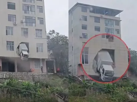 Xe tải đâm xuyên tường tầng 2 tòa nhà, hình ảnh đầu xe mắc kẹt giữa không trung gây sốc